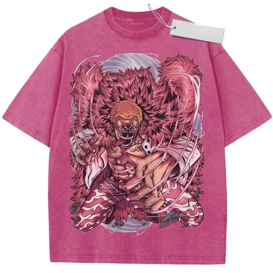 Camiseta Unisex Rosa Lavada Estilo Vintage de One Piece Donquixote Doflamingo, Tejido de Alta Calidad para Compras Casuales