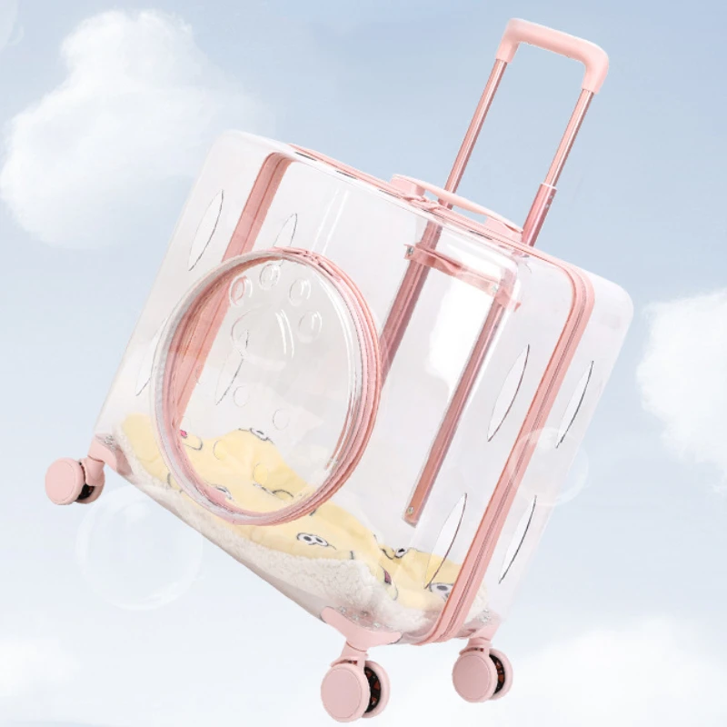 Extra Large Luxury Square Pet Carrier Bag Travel Trolley Transparent Cat Dog Universal Wheel Trolley Case