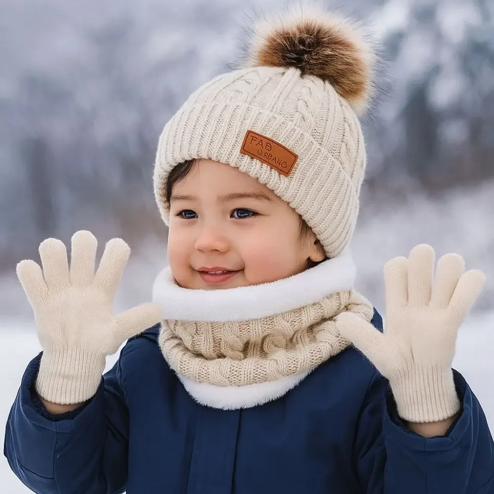 

3pcs Baby Kids Autumn Winter Set Solid Color Knitted Hat Scarf Gloves Cute Pompom Warm