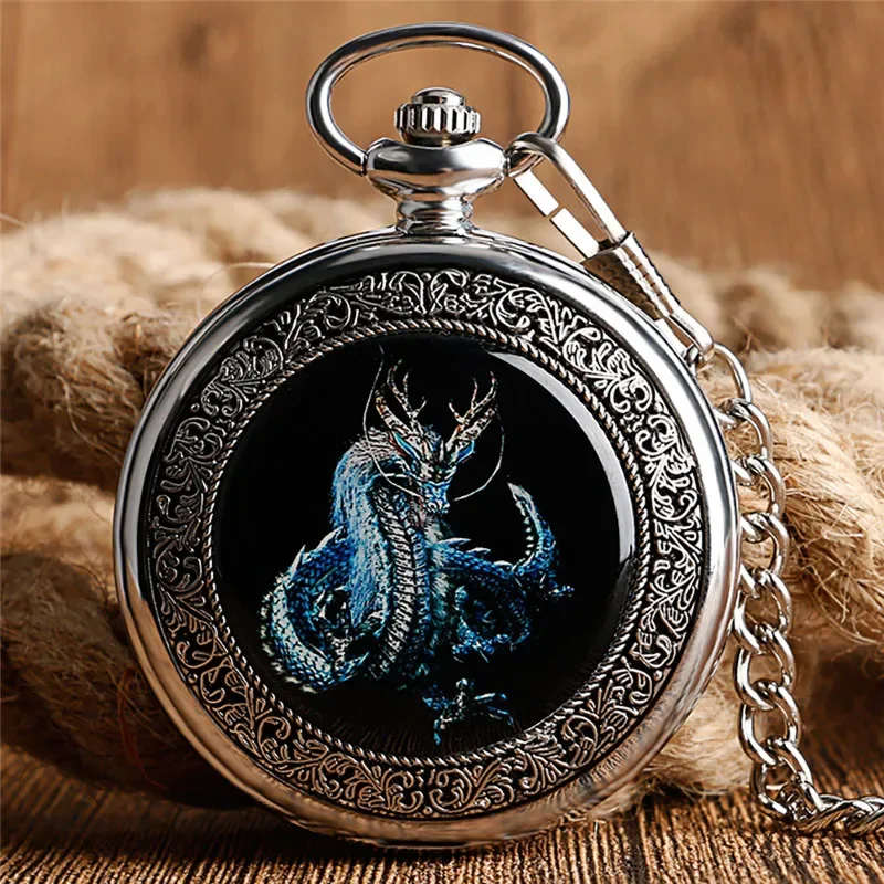 

Steampunk Dragon Design Silver Men Women Mechanical Hand Winding Pocket Watch Roman Number Fob Chain Watch Relogio De Bolso