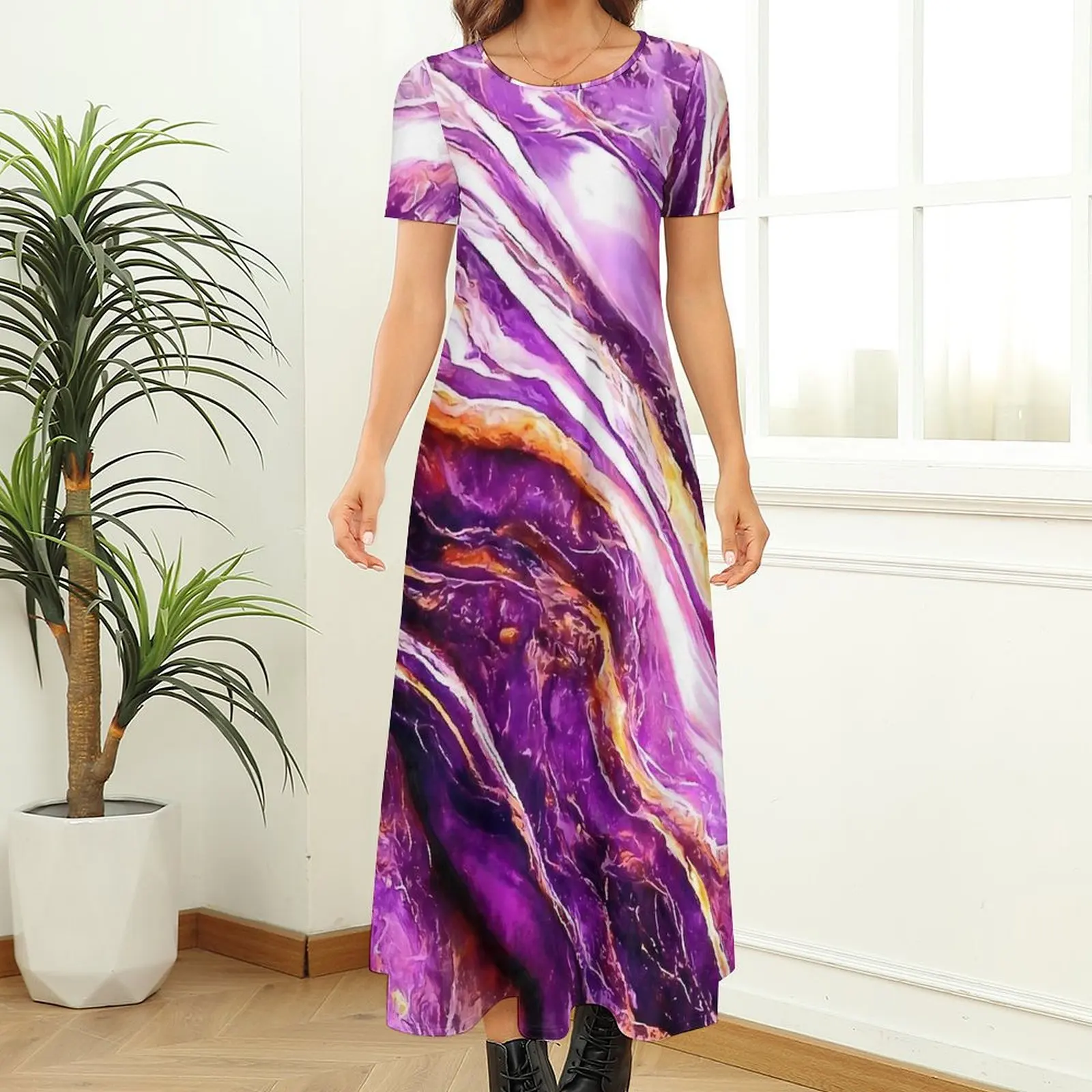 Purple And Gold Marble Print Dress  Aesthetic Bohemia Long Dresses Female Elegant Maxi Dress Big Size 6XL 7XL