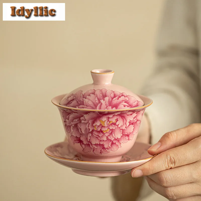 

Peony Powder Ru Kiln Gaiwan Handmade Tea Tureen Household Tea Bowl With Lid Kit Tea Brewing Cover Bowl Kung Fu Tea Set Supplies