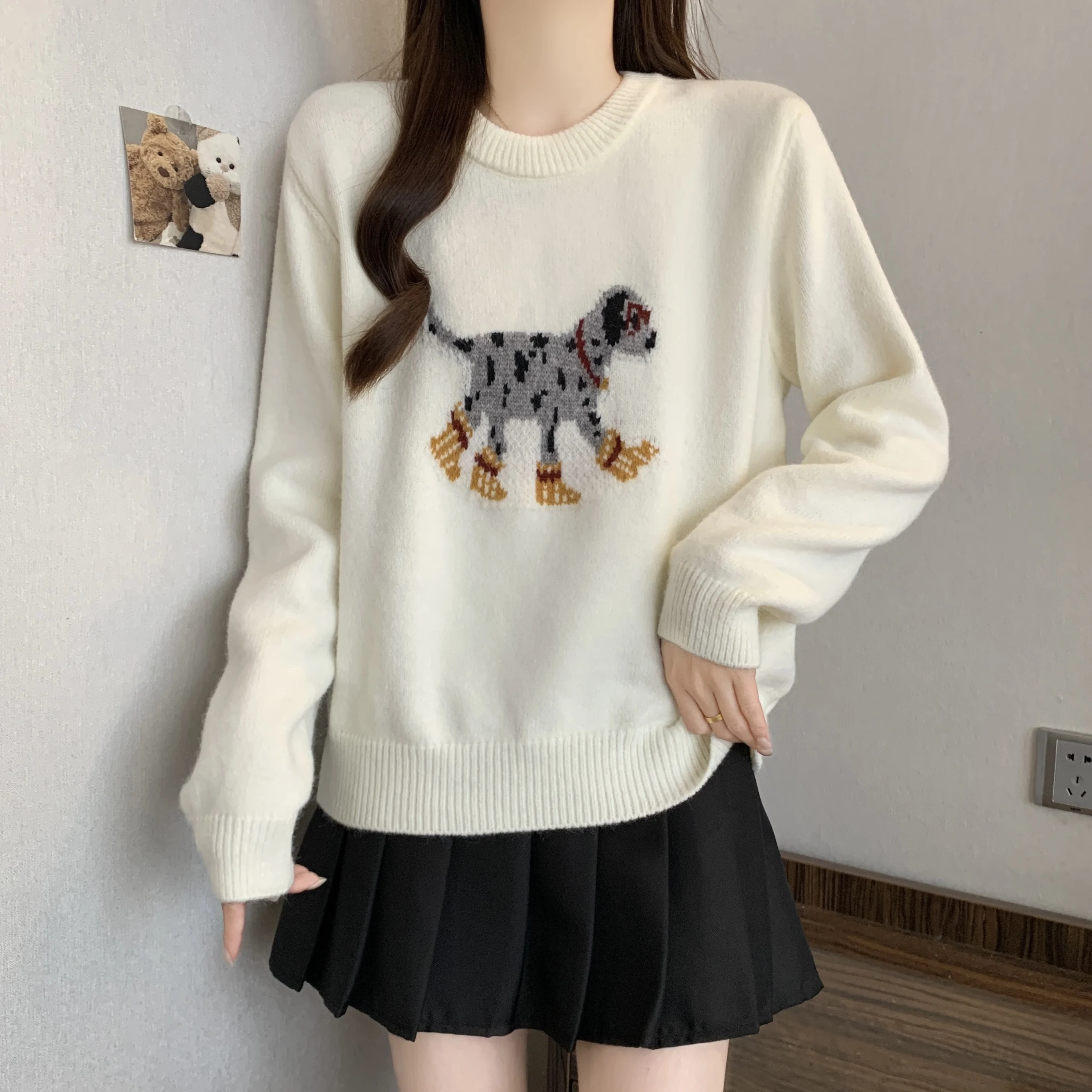 2026 جديد الكورية الكرتون الكلب س الرقبة محبوك سترة المرأة ربيع الخريف بسيط كم طويل فضفاض البلوز بلوزات غير رسمية متعددة الاستخدامات #4