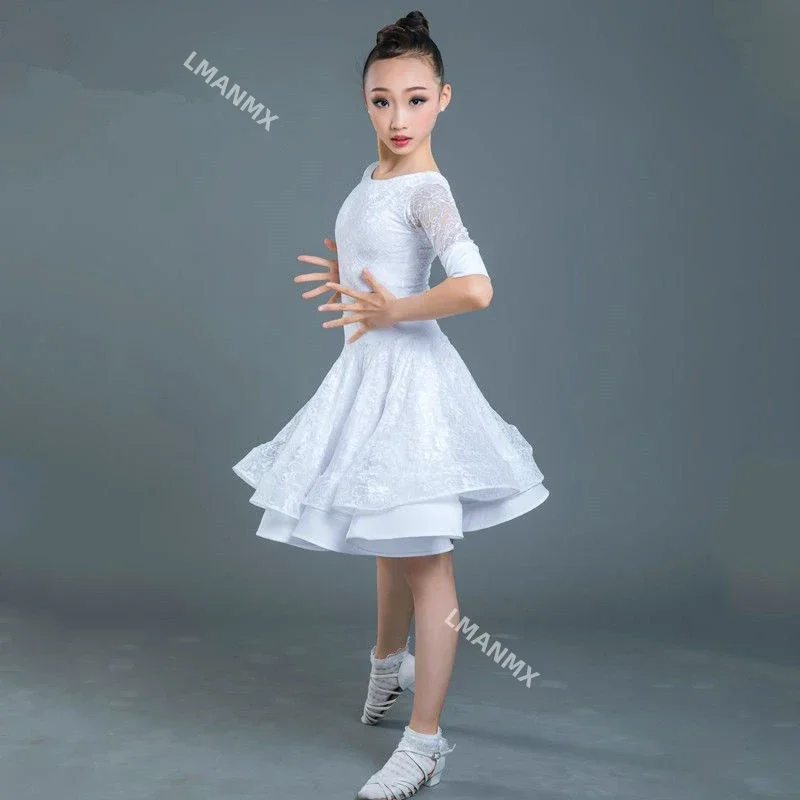 Children Latin Dance Dress Ballroom Baby Girl Tutu Lace Black White Design Stage Clothing Salsa Samba Dance Costume 130-160CM