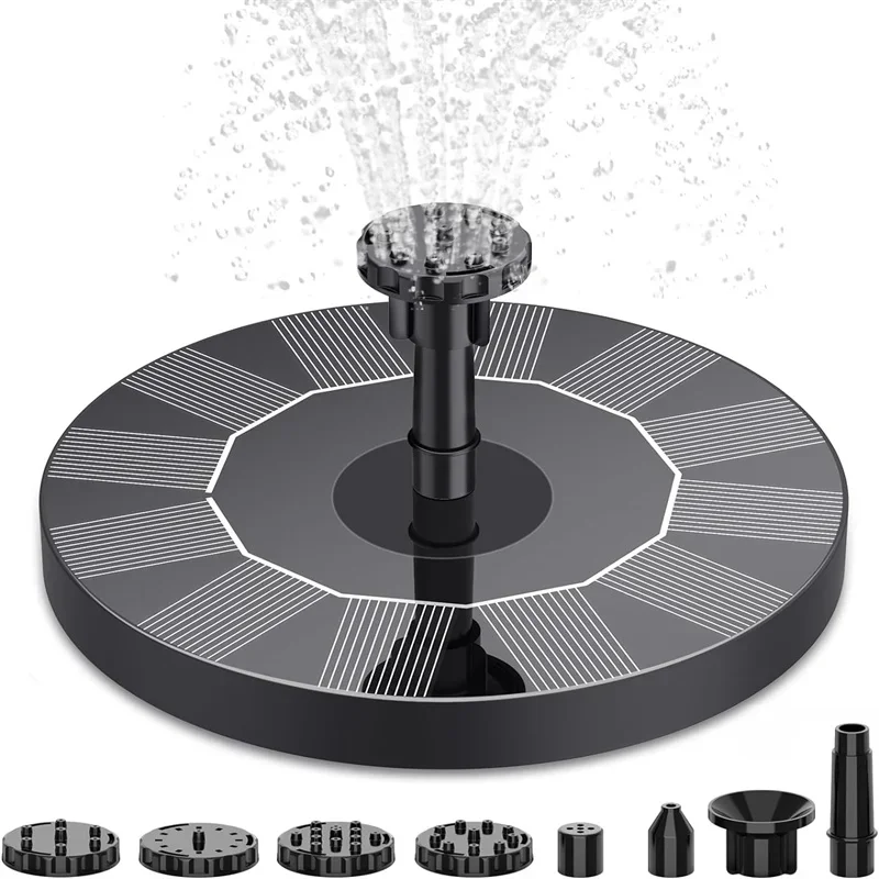 Solar Birdbath Fountain with 6 Nozzles for Gardens, Ponds - Free Floating Solar Fountain