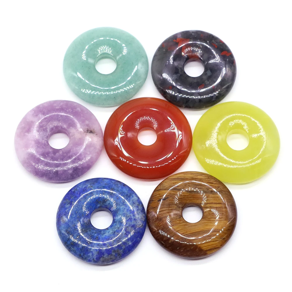 

30mm Crystal Donut Necklace Pendant Natural Stone Healing Crystal Agate Safety Button Big Hole Beads DIY Jewelry Necklace Gifts