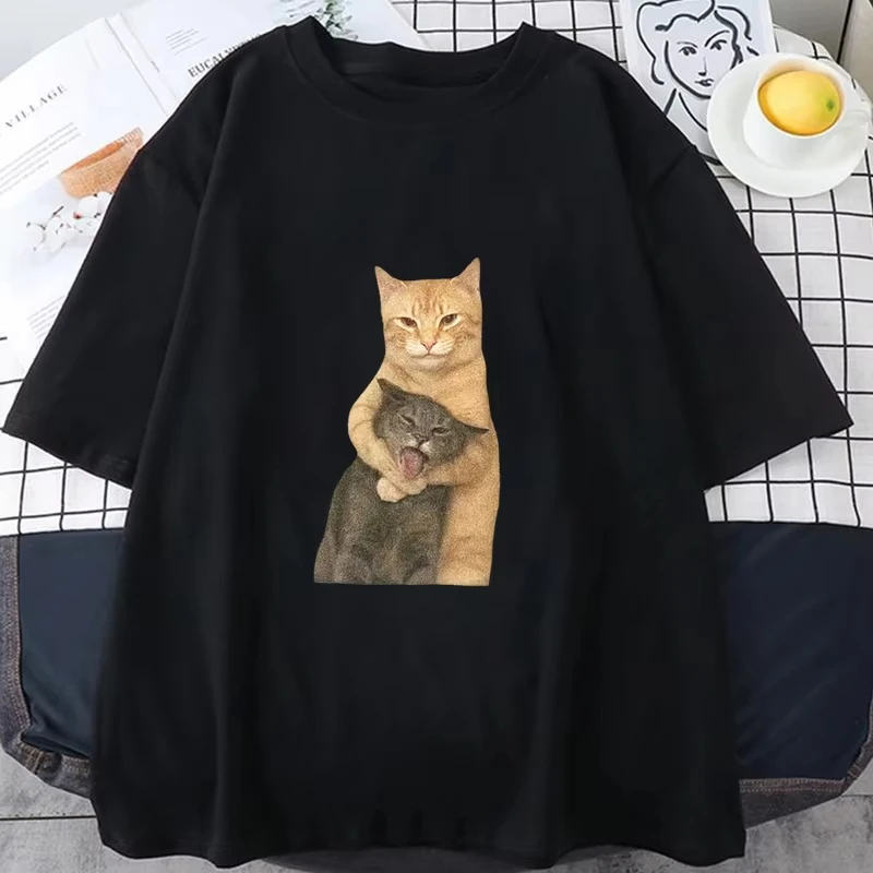 Street Hip Hop Funny Hug Cat Pattern Printed Y2K Shirt Street Style Summer New Neutral Casual T-shirt Round Neck Men Women Tees