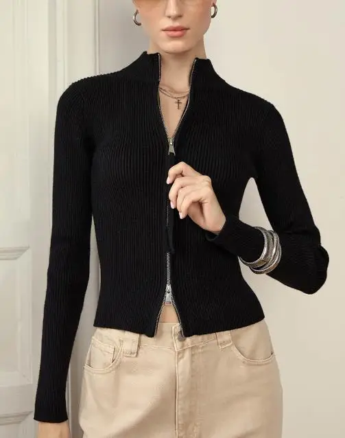 

Женская приталенная куртка с воротником-стойкой и длинными рукавами, кардиган с двойной молнией, теплая вязка, осень-зима 2025 г., модная верхняя одежда