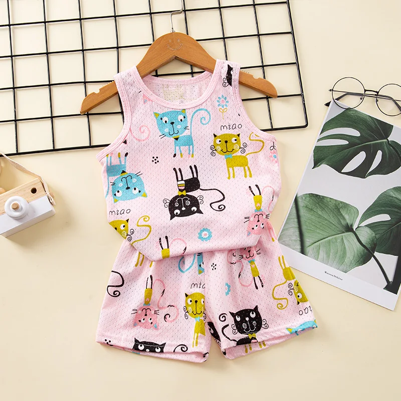 【LF】Kids Summer Vest Set 90-140cm Breathing Cotton Childen Singlet+Shorts Suit Boys Girls Homewear Set for Summer