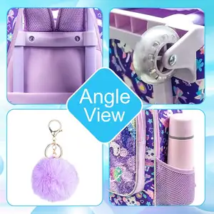 الفتيات المتداول حقيبة الظهر الاطفال عجلات دوارة حقيبة الظهر مع صندوق الغداء تصميم أنماط القط الأرجواني تتوهج في الظلام وظيفة 3 قطع أفضل 8 عجلة كيبلينج للمبيعات - رقم 6