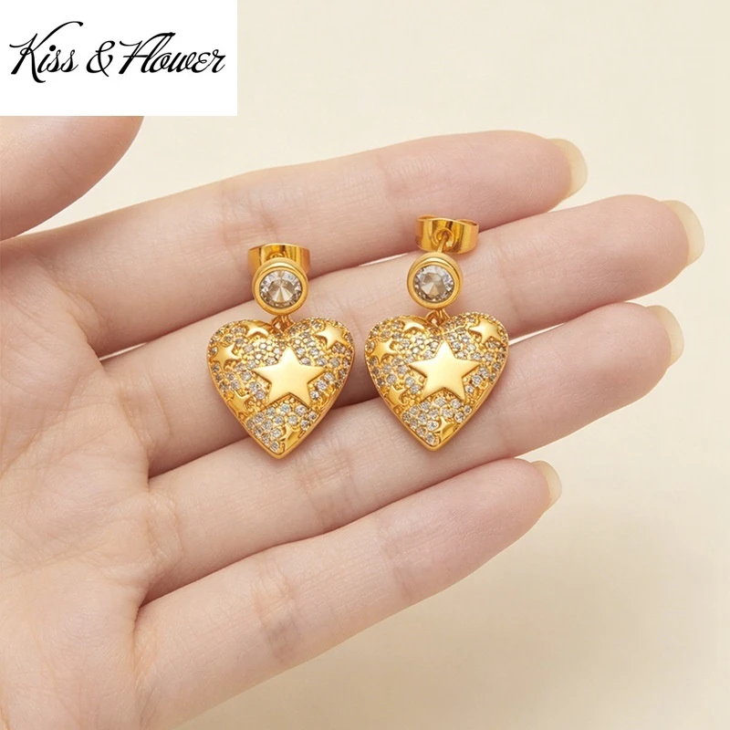 KISS&FLOWER 24KT Gold Heart Stud Earrings For Women Wedding Party Birthday Christmas Bride Mother Girlfriend Ladies Gifts ER568