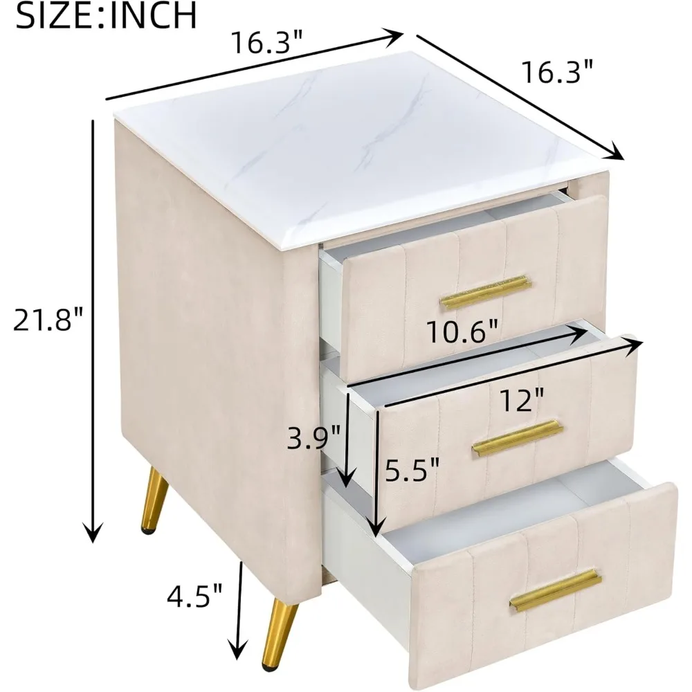 3 Drawers Nightstand with Metal Legs&Handles,Upholstered Nightstand with Faux Marble Top, Bedside Table Furniture