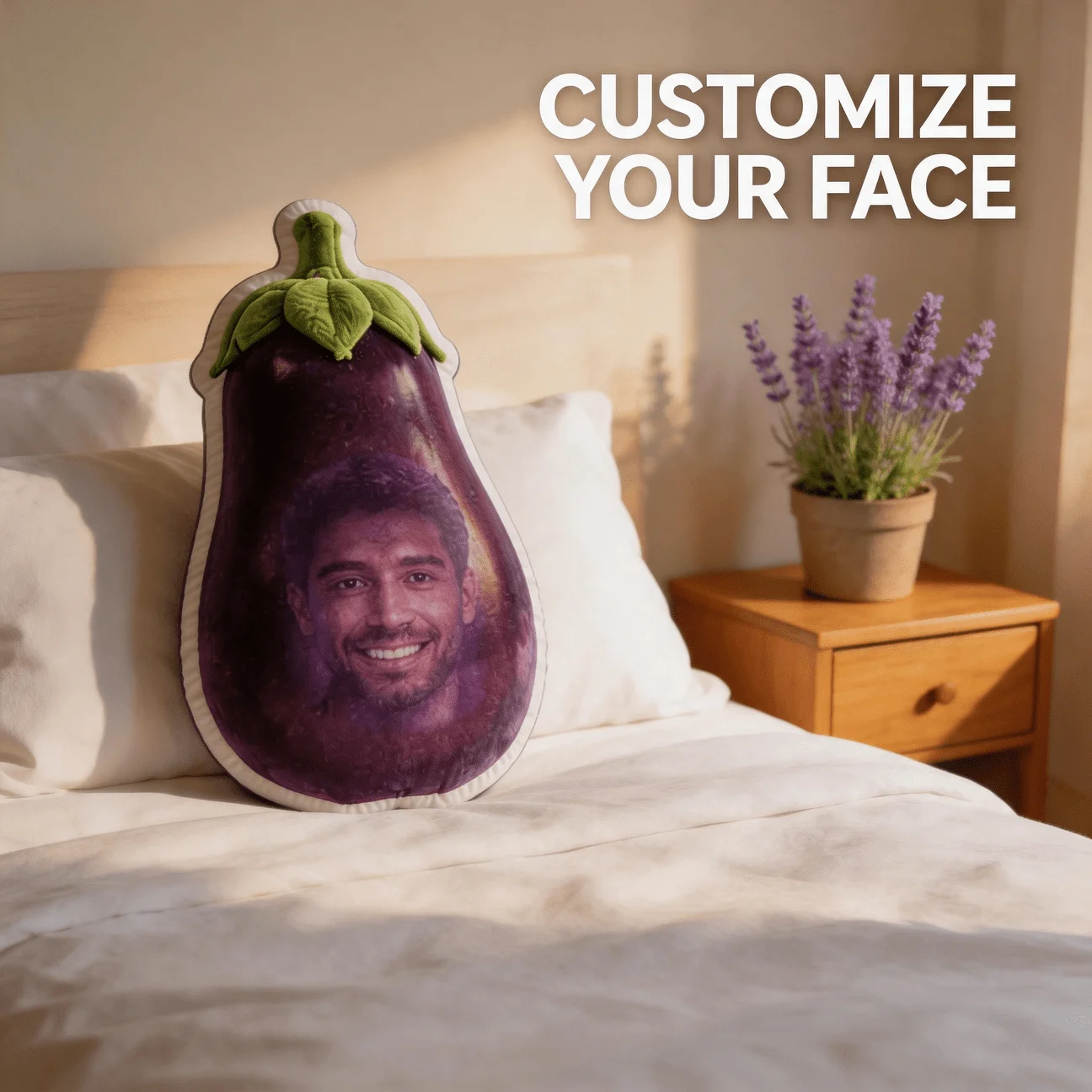 Custom Face Eggplant Shaped Pillow, Personalized Photo Decorative Cushion with Smiling Portrait, Unique Funny Home Decor Accent