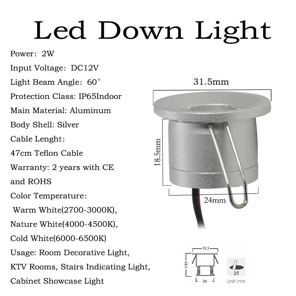 Kryty 2W reflektor Led DC12V Mini Downlight z przyciemnianiem wpuszczany reflektor IP65 z aluminiową szafką na schody