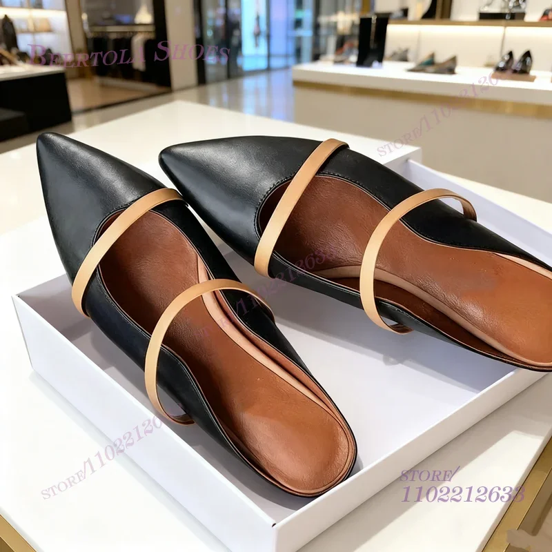 البغال المسطحة نصف جولة أشار تو الصنادل الجلدية السوداء المرأة عارضة الذهب حزام مشبك تصميم الفضة النعال جوفاء أحذية الملاعب المغطاة #1