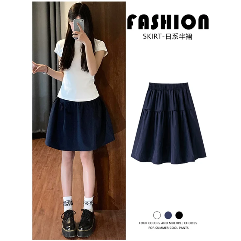 

Navy blue Short Skirt Women Summer Thin Preppy Pleated A-Line Half-length Sports Skirt High Waist Polyester Fiber Casual Skirts