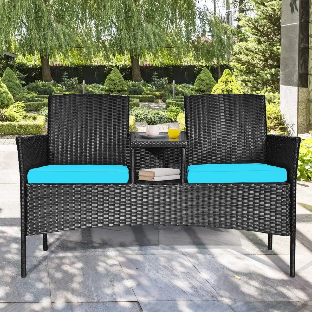 Wicker Patio Conversation Furniture Set, Outdoor Furniture Set with Removable Cushions & Table, Tempered Glass Top, Mod