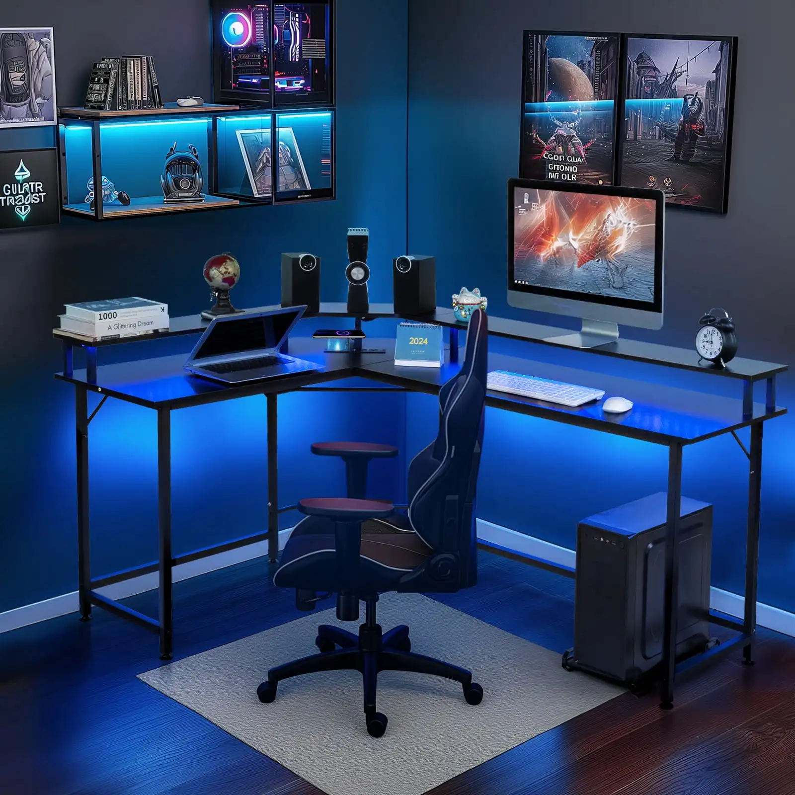 L-Shaped Gaming Desk with USB Wireless Charging, 55