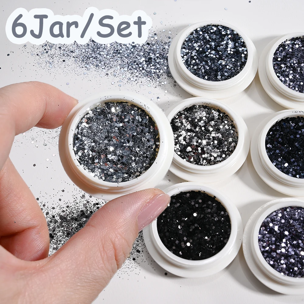 8 Styles/6 Cans Ultra Bright Sequin Glitter Powder Set Black/Grey Holographic Glitter Chrome Powder UV Gel Polish Manicure Decor