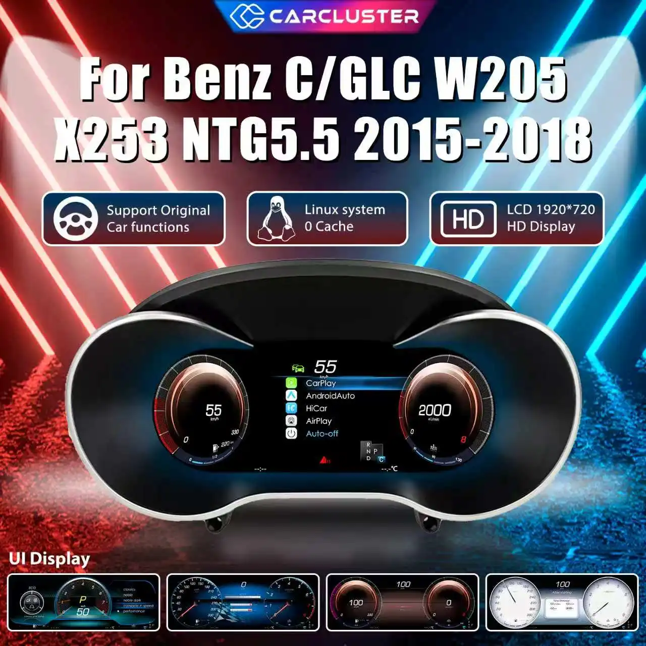 Carcluster, quadro strumenti digitale LCD da 12,3 pollici per Mercedes-Benz Classe C, GLC, W205, X253, NTG5.0, modelli 2015-2018. Quadro strumenti digitale con supporto HDMI, Carplay e radio.