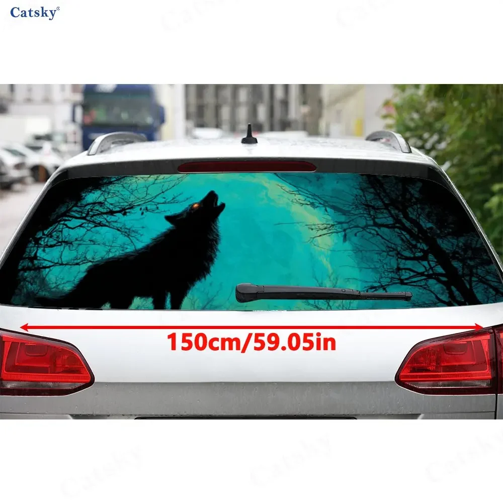 Blue Moonlit Wolf Howl Adventure PVC Perforated Car Vinyl Wraps, Durable Car Rear Windshield Sticker, Waterproof Car Rear Window