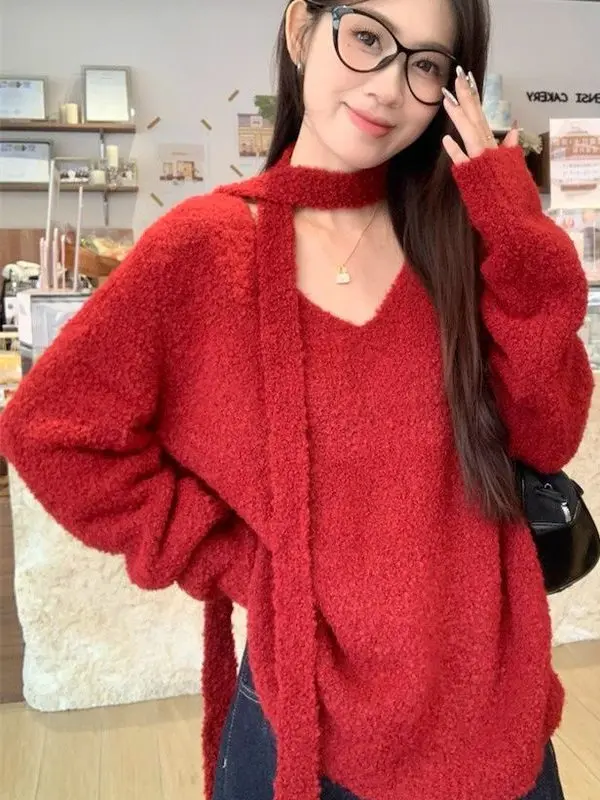 

Red V-Ne Knitwear Women's Sle Sweet Loose Fit Long Sve Sweater Aosphere Feeling New Year's Celebration Korean Sle Top