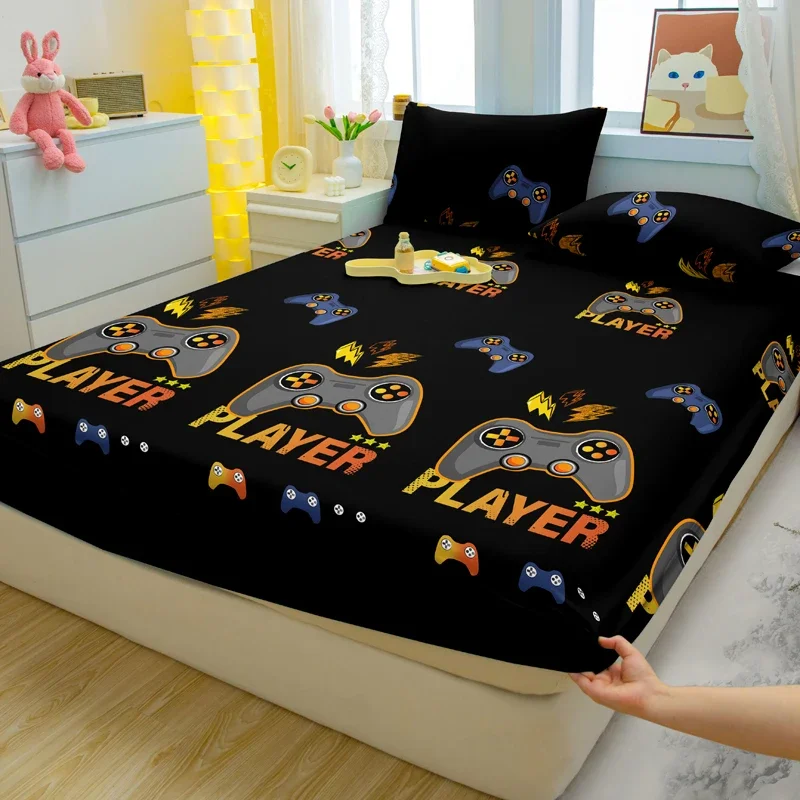 1 Cartoon Fun Game Printed Matte Fitted Sheet, Bedroom Printed Bed Cover, Bedding (Excluding Pillowcases)