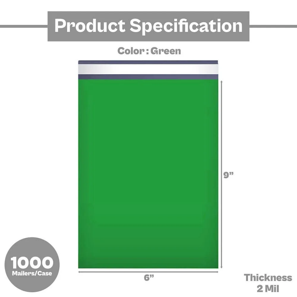 1000 6x9 Green Poly Mailers Envelopes Self Sealing Shipping Mailers Bags 6"x9"