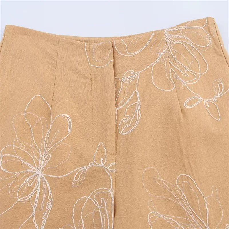 KEYANKETIAN Wiosna/Jesień 2025 Nowe Damskie Spodnie Proste z Haftem Kwiatowym, Styl Pastoralny, Zapinane na Zamek, z Wysokim Stanem