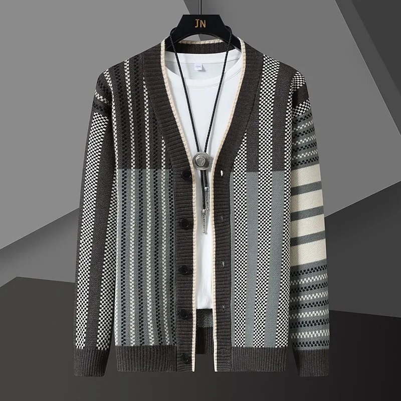 High-quality Knitted Cardigan Men's Fashion Luxury Striped Sweater Casual Shawl 2024 Spring and Autumn Trend Men Wear Coats Tops