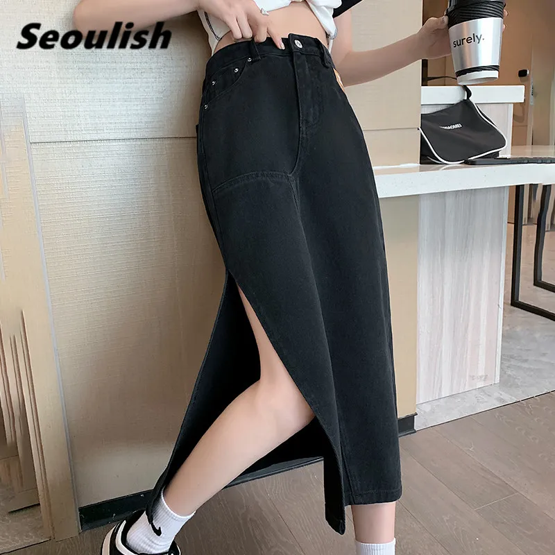 Seoulish 여성용 롱 데님 스커트, 빈티지 하이 웨이스트 청바지 랩 스커트, 스트레이트 사이드 스플릿 A 라인 스커트, 여름 2022 신상