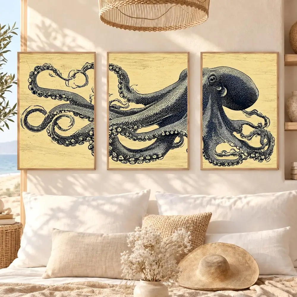 Vintage Octopus Illustration Painting Calligraphy 3 PCS Canvas Wall Art Prints for Living Room Modern Poster Decals Decor