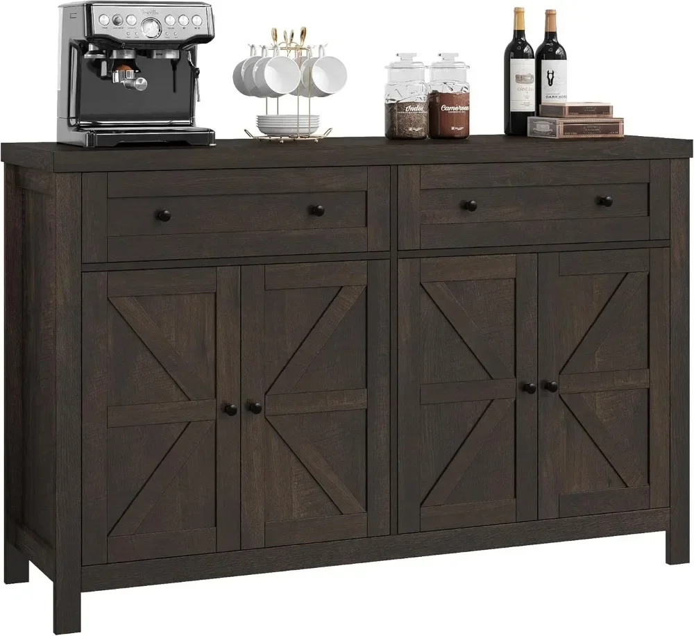 HOSTACK 55" Buffet Sideboard Cabinet with Storage, Modern Farmhouse Coffee Bar Cabinet with Drawers and Shelves, Barn doors