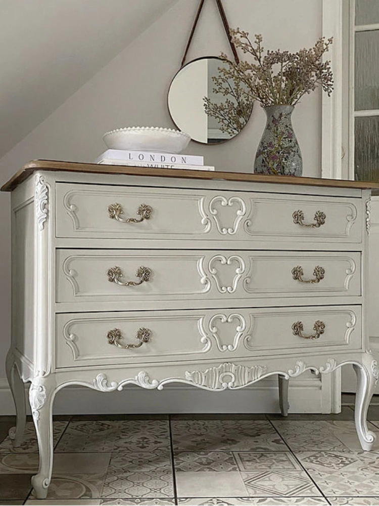 YY French Style Solid Wood Vintage White Chest of Drawers Entrance Cabinet American Style Home Sideboard Cabinet