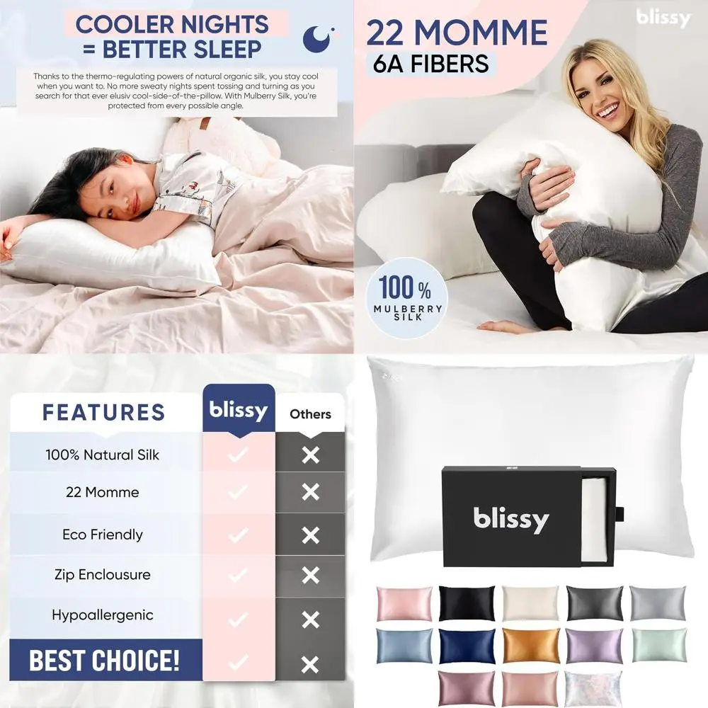 

Pure Mulberry Silk Pillowcase - 22 Momme 6A Grade - Hair & Skin Care - Standard, Queen, King Sizes (White)