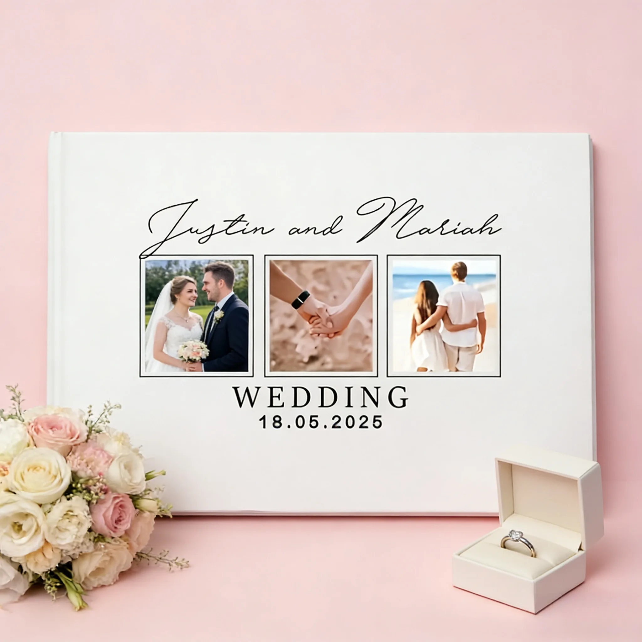 A Custom Wedding Guest Book - Personalized with Photos And Text, Featuring an Elegant White Design That Includes Names And Dates