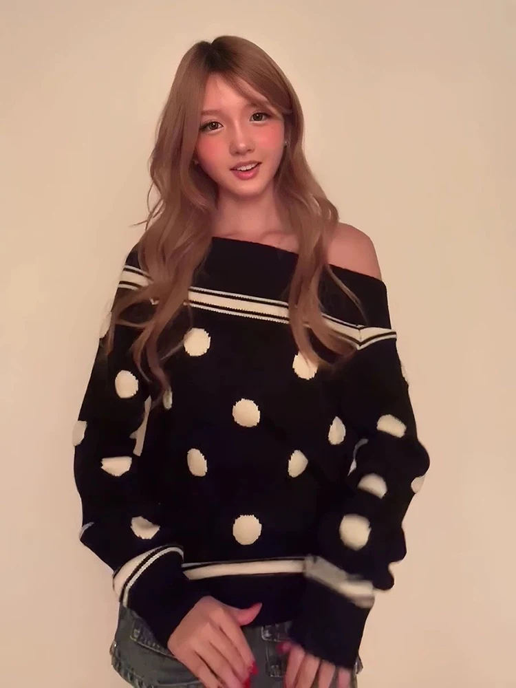 الحلو Preppy متماسكة سترة المرأة منقطة مائل الرقبة خمر البلوفرات غير رسمية فضفاضة قبالة الكتف كسول الرياح Harajuku جديد لاعبا #2