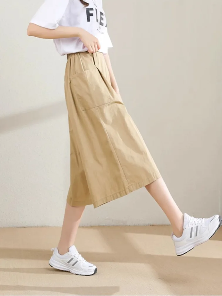 Pantalon d'été décontracté en coton à jambes larges pour femmes, en pur coton, coupe ample, taille haute, jambe droite