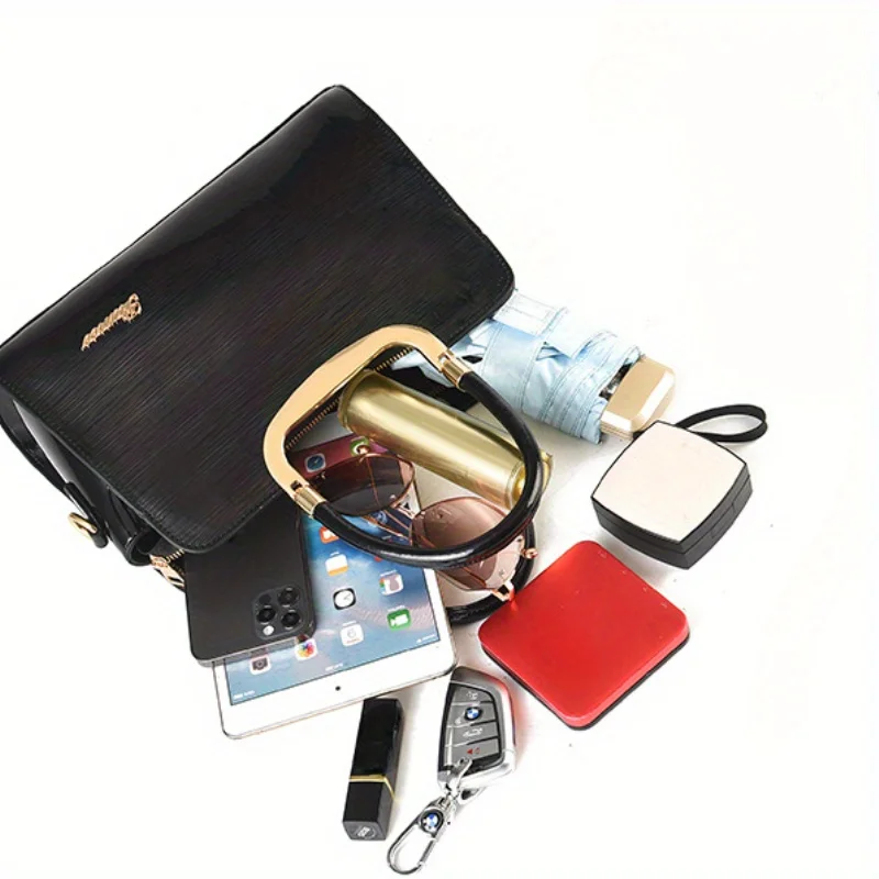 PU-leer, glanzende modehandtas, ritssluiting, verstelbare schouderriem, damesschoudertas, dames crossbodytas