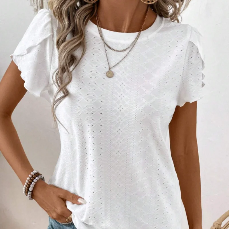تي شيرت نسائي كاجوال بأكمام قصيرة بلون سادة مجوف ملابس نسائية صيفية للارتداء اليومي