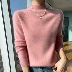 Women's winter sweater 100% Merino wool thick warm half-turtleneck pullover solid color cashmere sweater casual Korean top.