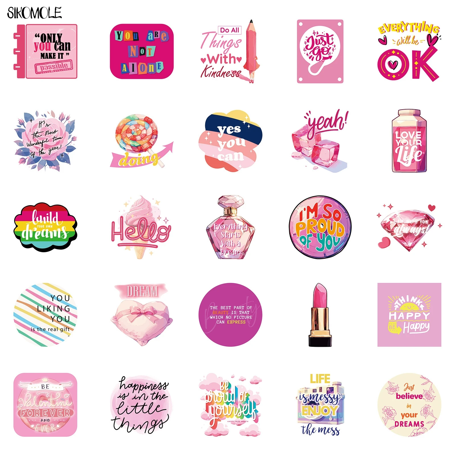 10/30/50PCS น่ารักการ์ตูนสาวสีชมพูรักข้อความสติกเกอร์ Kawaii ความงาม DIY เด็กกระเป๋าเดินทางตู้เย็น Decal Graffiti สติกเกอร์แพ็ค