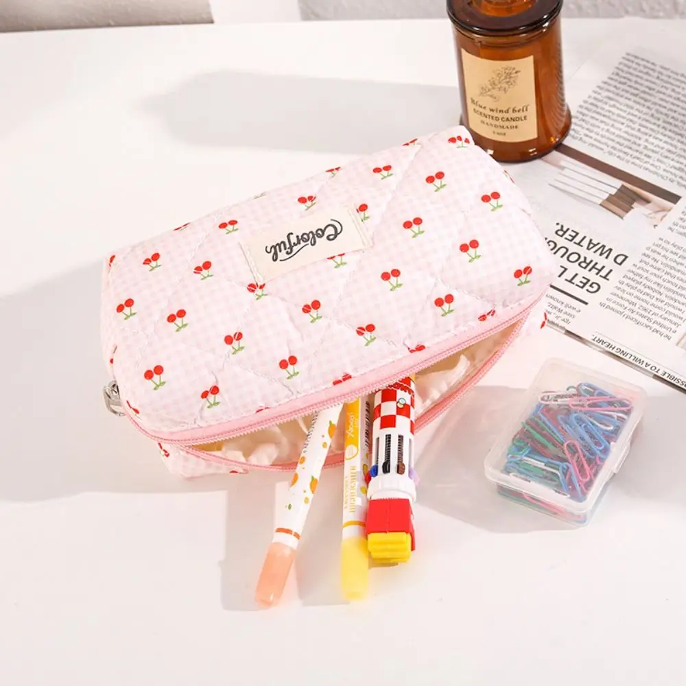 

Plaid Cherry Printing Pencil Case Zipper Design Multi-functional Pen Bag Large Capacity Stationery Organizer School Office