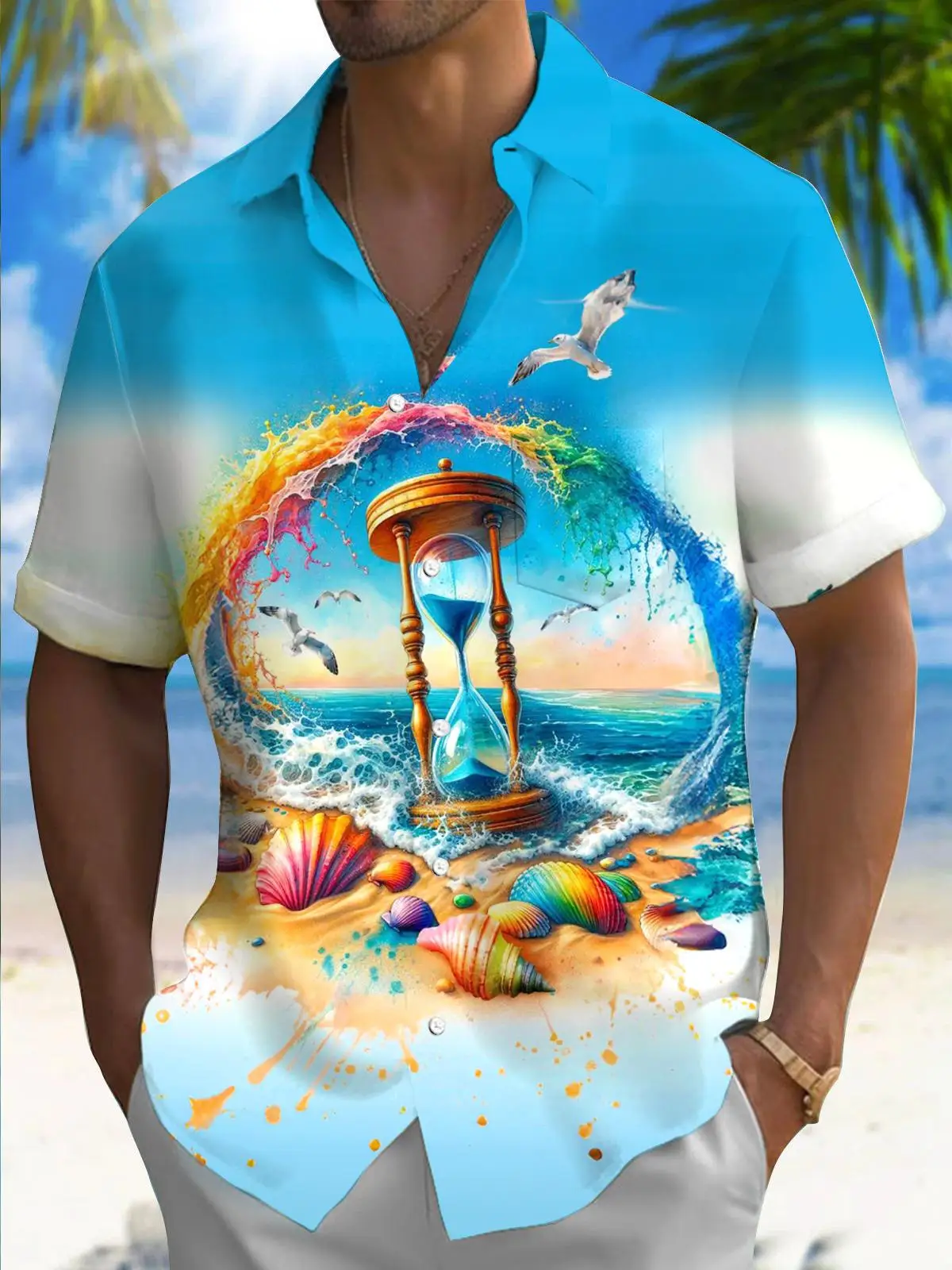 New Hawaii Spring/Summer Fashion Leisure Street Walk Tourist Beach Printed Full Open Short Sleeve Button Shirt