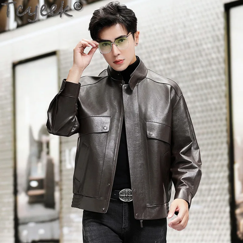 Tcyeek Genuine Leather Man Jackets Casual Sheepskin Leather Jacket Men Short Style Spring Autumn Clothes Semi Vegetable Tanning