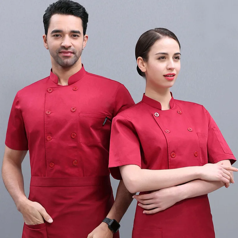 Solid Color Double-breasted Chef Long-sleeved Overalls, Short-sleeved Thin Kitchen Hotel Tooling