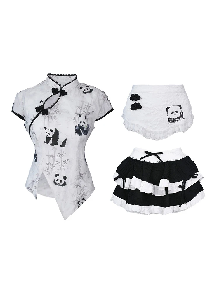 

Летний комплект из и юбки с высокой талией и принтом панды для девочек, модный повседневный комплект с китайским дизайном панды для молодых женщин