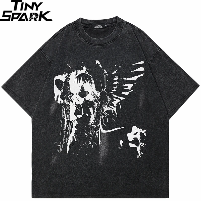 2024 Men Washed Black T-Shirt Harajuku Streetwear Anime Cartoon Angel Girl Graphic T Shirt Cotton Tshirt Tops Tees Unisex Y2K