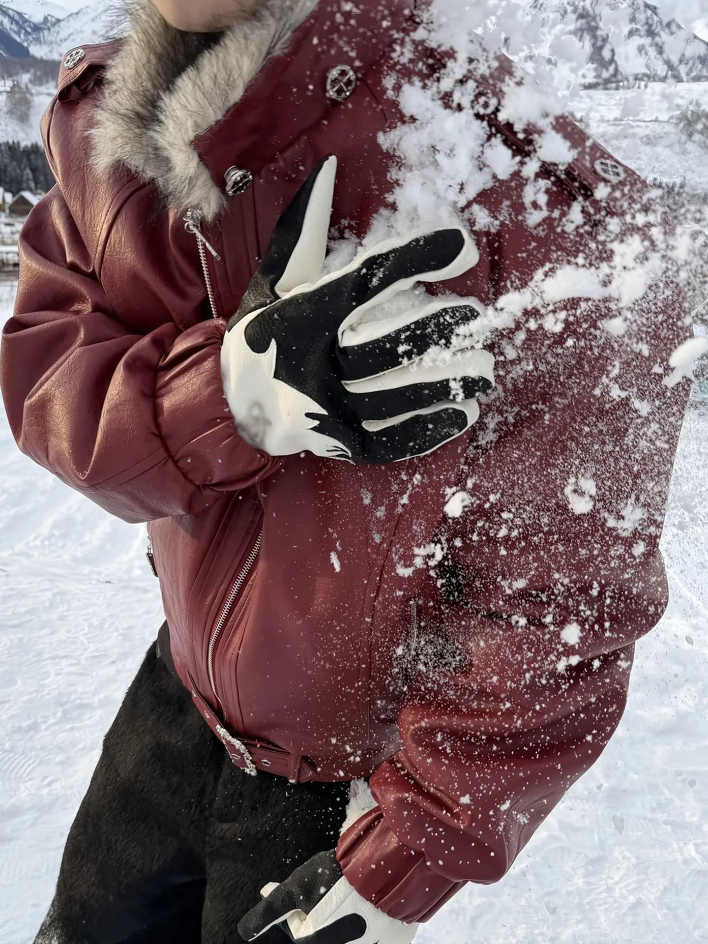 

Men's Winter PU Leather Cotton Jaet Removable Fur Collar Detachable Cap Luy Year Red Color Mountain Eagle Patterned Coat