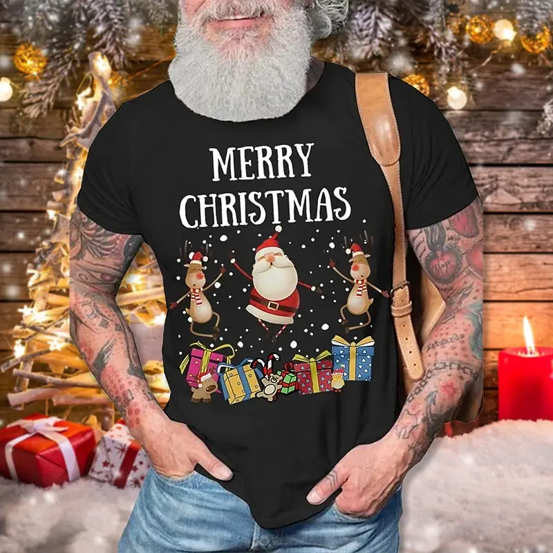 Cartoon Santa Claus Print T Shirt For Men Funny Christmas Elk Pattern T-Shirts Casual O-neck Short Sleeve Loose Tops X\'mas Tees